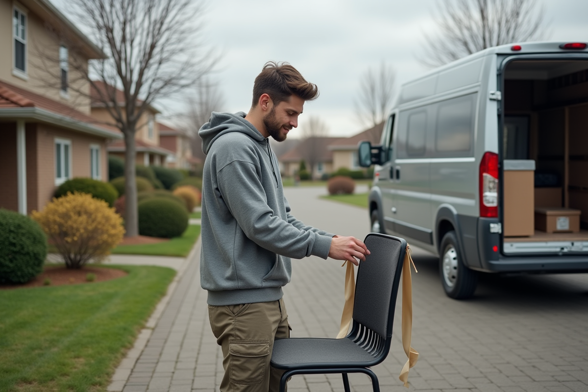 Jeune homme sécurisant une chaise avec film étirable devant la maison