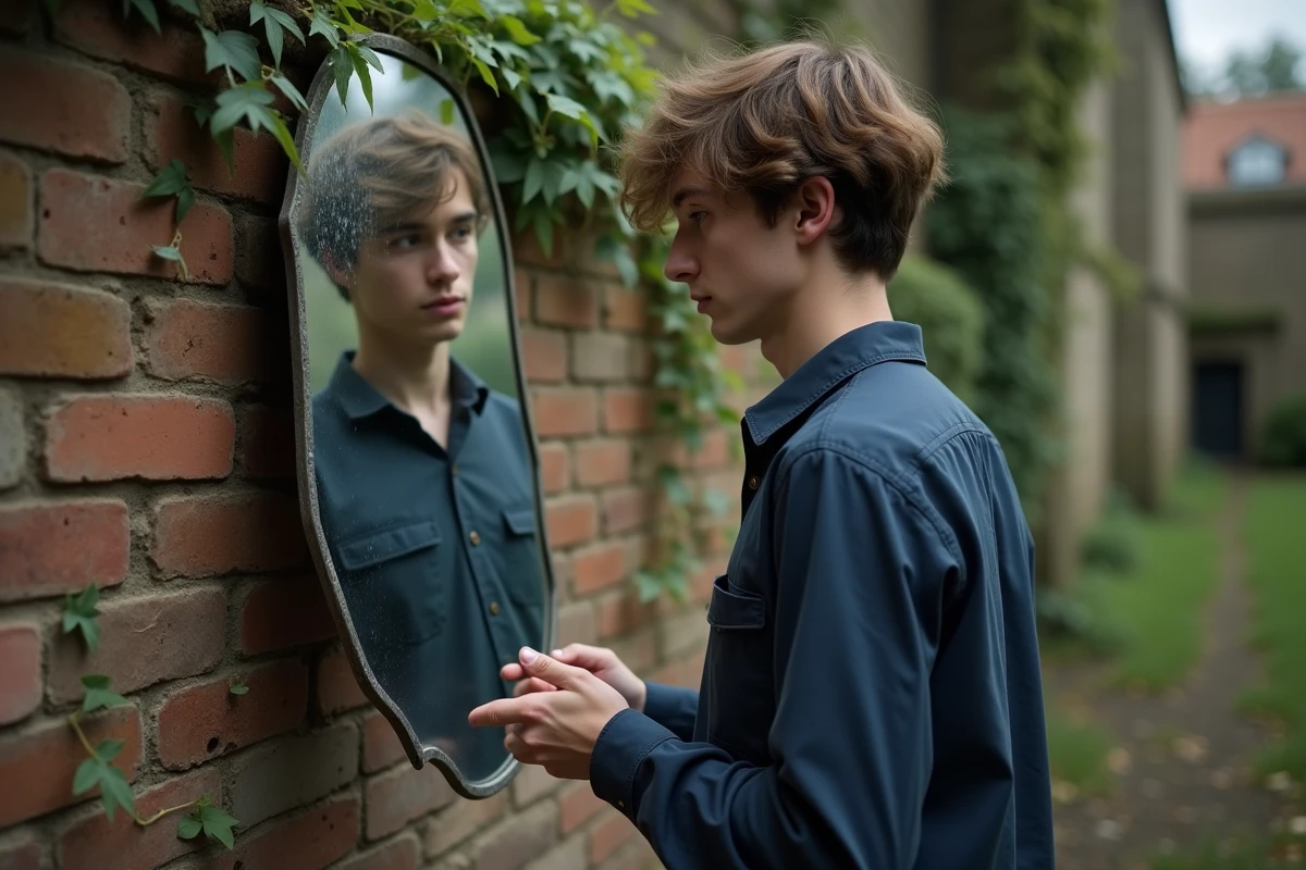 Jeune homme examinant un miroir brisé dans un jardin