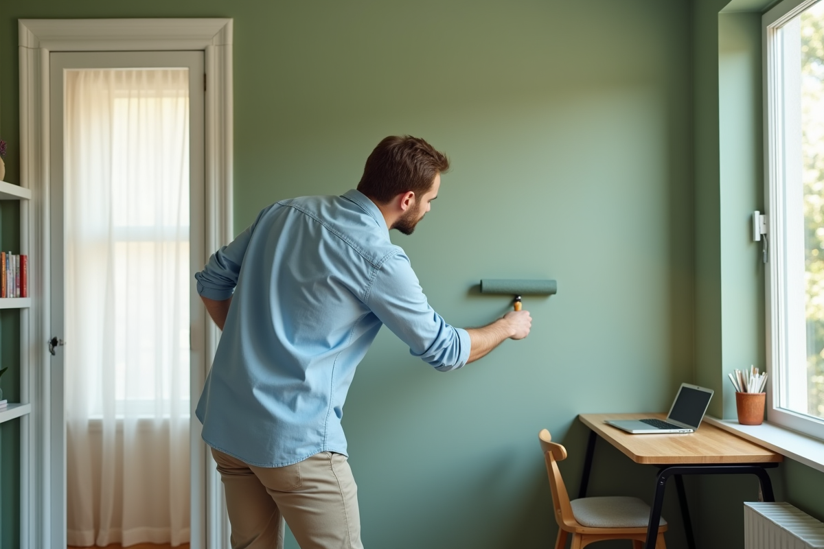Jeune homme peignant un mur dans un bureau vert apaisant