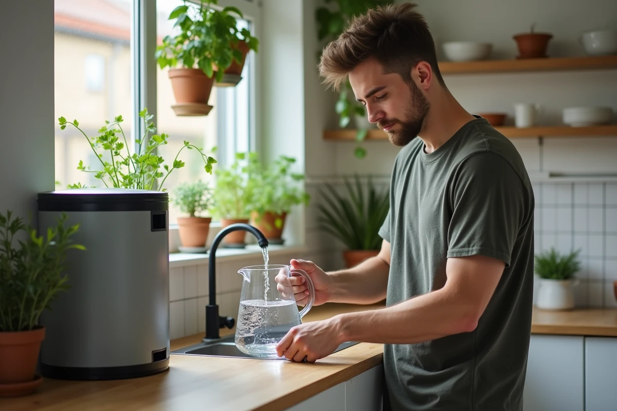 Jeune homme remplissant un pichet d