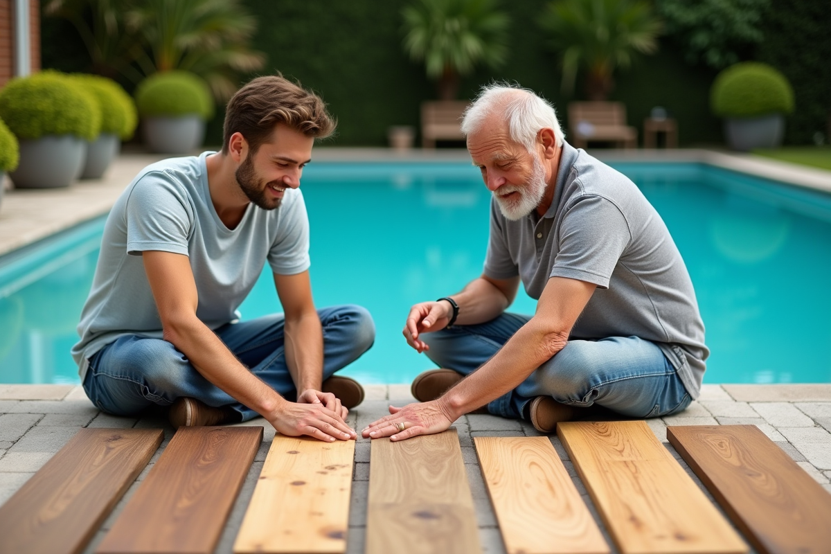 Jeunes hommes examinant des échantillons de bois au bord de la piscine