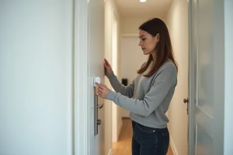 Locataire examinant un détecteur d'alarme sans fil installé sur le cadre de sa porte d'entrée dans un appartement moderne