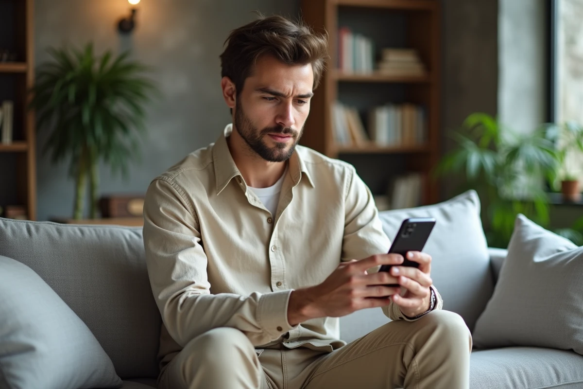 Jeune locataire comparant des systèmes d'alarme connectés sur son smartphone dans son salon moderne