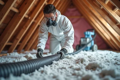 Homme en combinaison de protection utilisant une souffleuse à ouate de cellulose dans un grenier en cours d'isolation