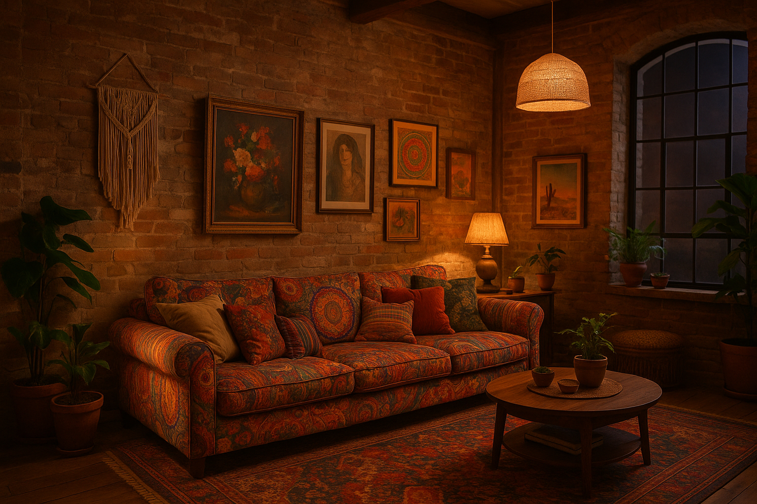 Loft boheme avec canapé coloré et murs en briques apparentes