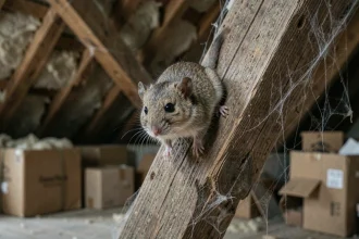 Loir gris accroché à une poutre en bois d'un grenier ancien, yeux brillants et fourrure détaillée visible en gros plan