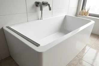 Baignoire rectangulaire autoportante en acrylique blanc avec mètre ruban illustrant la longueur standard dans une salle de bain moderne