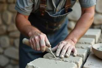Maçon appliquant un mortier ciment-sable dans les joints d'un mur en pierre calcaire avec une truelle de jointage
