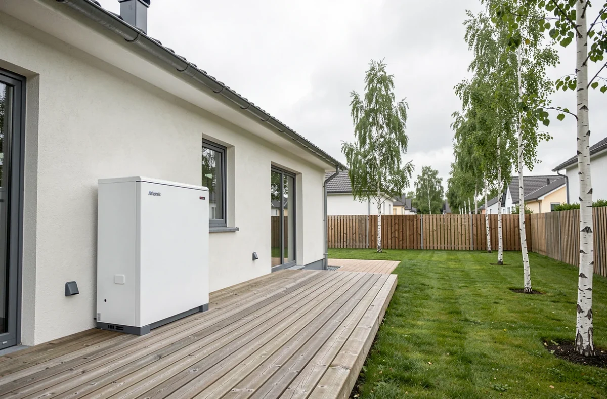 Vue extérieure d'une maison individuelle moderne avec une pompe à chaleur air-eau Atlantic installée sur la façade latérale
