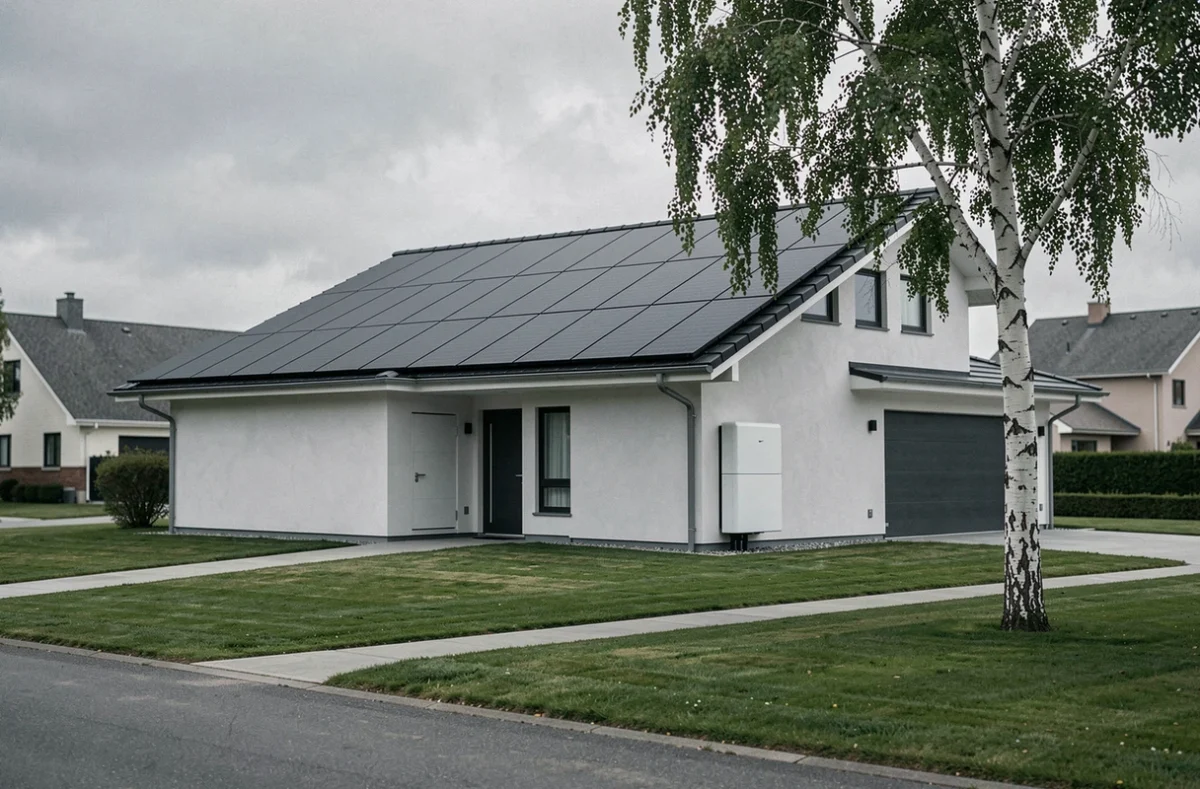 Maison individuelle équipée d'un toit solaire Tesla complet et d'une batterie Powerwall montée sur le garage