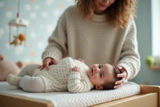 Maman posant une turbulette faite main sur son bébé souriant