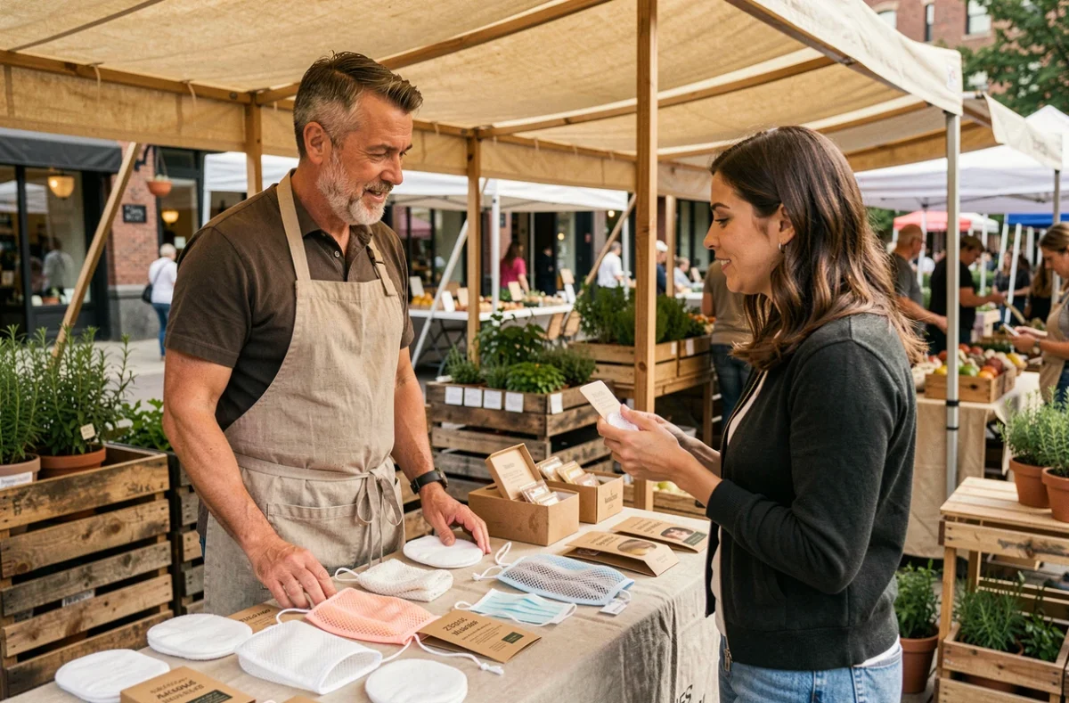Vendeur présentant des accessoires cosmétiques réutilisables à une cliente sur un marché éco-responsable en plein air