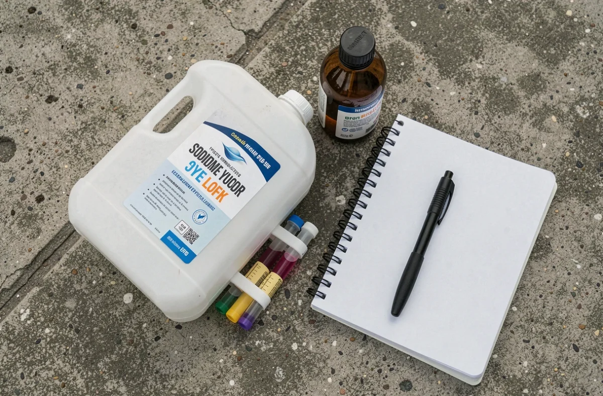 Kit de test et flacon d'eau de javel pour traitement choc de piscine 50 m3