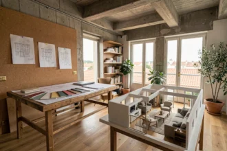 Studio d'architecture d'intérieur à Toulouse avec plans, échantillons de matériaux et maquette résidentielle sur une grande table de travail en bois