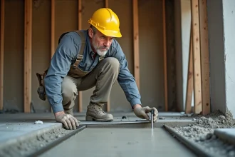 Ouvrier mesurant l'épaisseur d'une chape de plancher chauffant avec une jauge de profondeur sur un chantier de construction