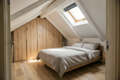 Meuble sous comble pente en bois clair intégré dans une chambre mansardée moderne avec poutres apparentes et velux