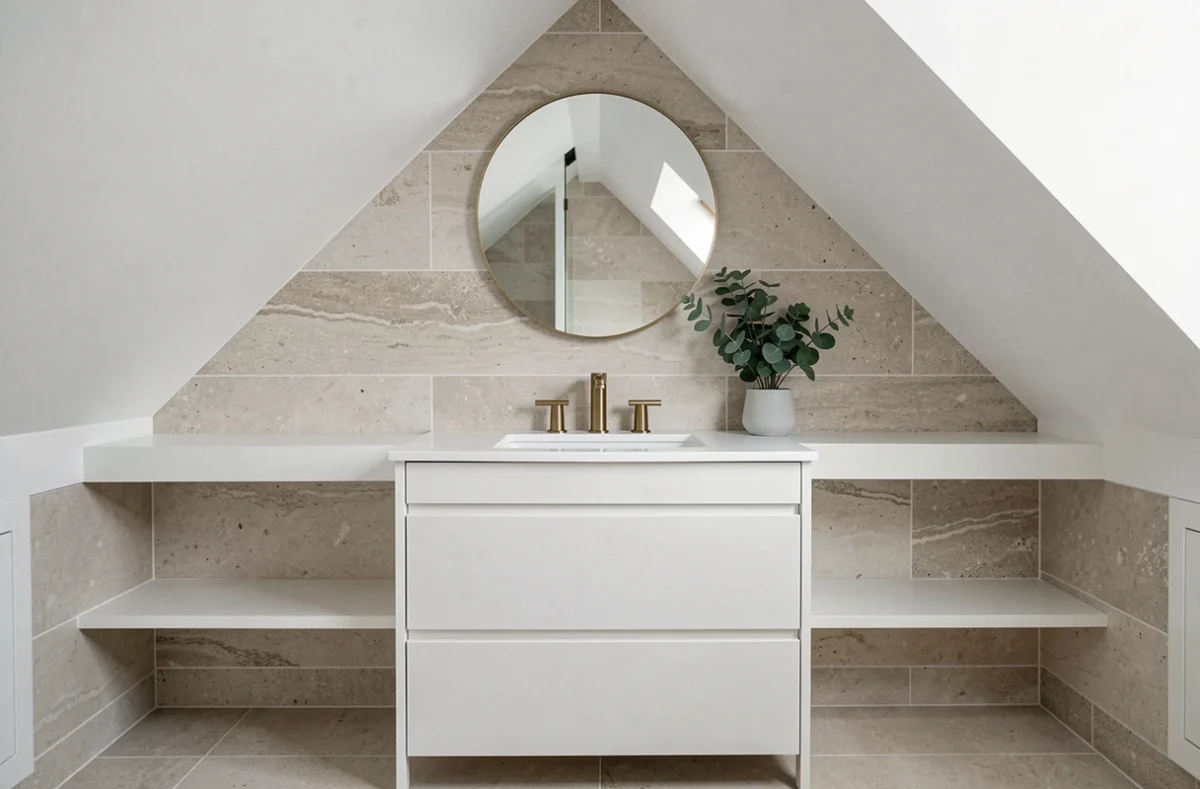 Meuble vasque sous pente de toit sur mesure en laque blanche avec robinetterie dorée dans une salle de bain mansardée