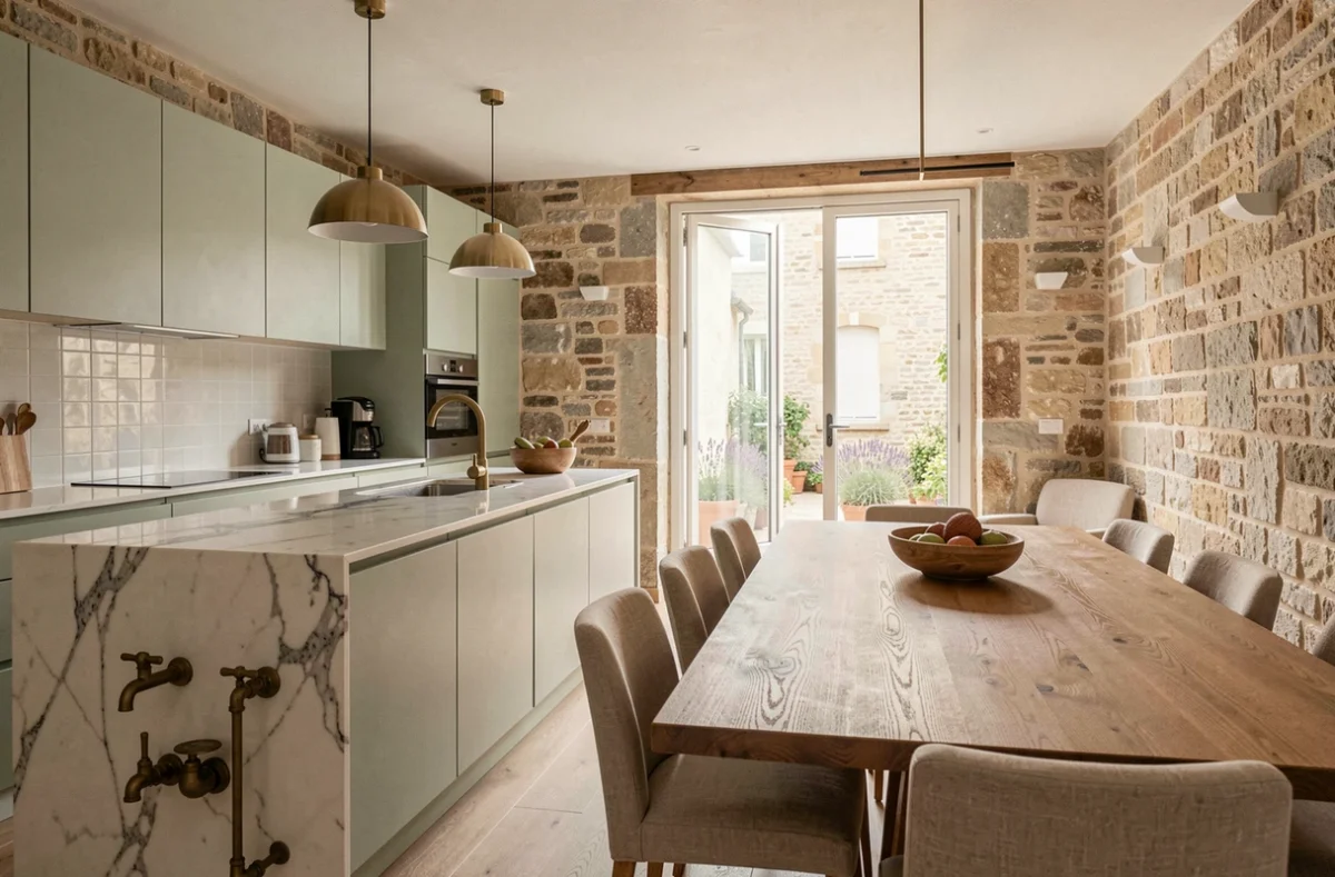 Cuisine et salle à manger en open space au style scandinave méditerranéen avec îlot en marbre et cabinetry vert sauge, projet MF Intérieurs