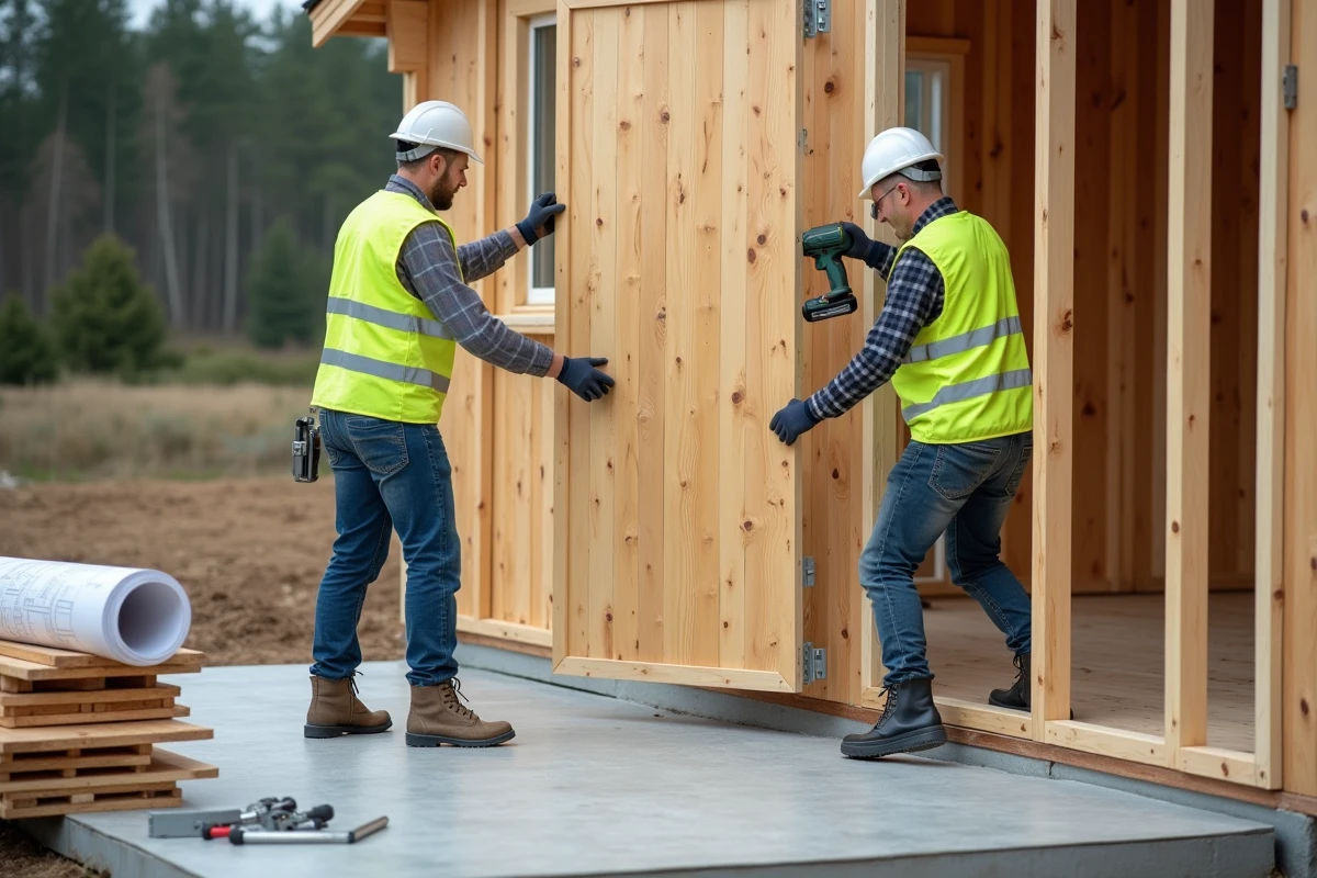 Montage d'un chalet en bois préfabriqué de 80m2 par deux professionnels sur un chantier résidentiel