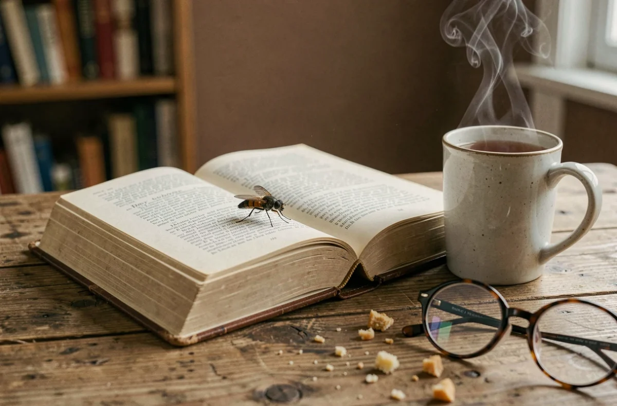 Mouche posée sur un livre ouvert près d'une tasse de thé sur une table en bois rustique, évoquant les superstitions domestiques