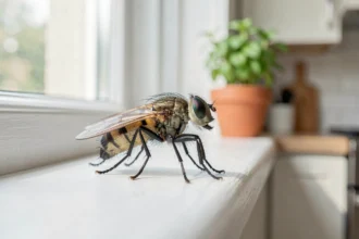 Gros plan hyper-réaliste d'une mouche domestique posée sur un rebord de fenêtre blanc dans une cuisine moderne