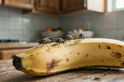 Gros plan de moucherons sur une banane trop mûre posée sur un comptoir de cuisine en bois