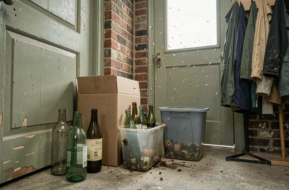 Nuée de moucherons autour de contenants de recyclage dans un coin de buanderie domestique