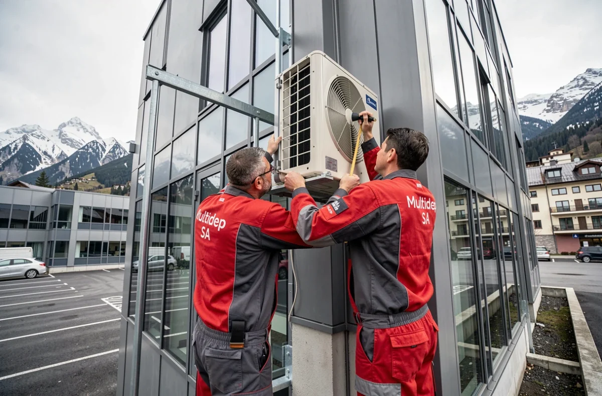 Deux techniciens Multidep SA montant une unité de climatisation commerciale sur un immeuble de bureaux en Haute-Savoie