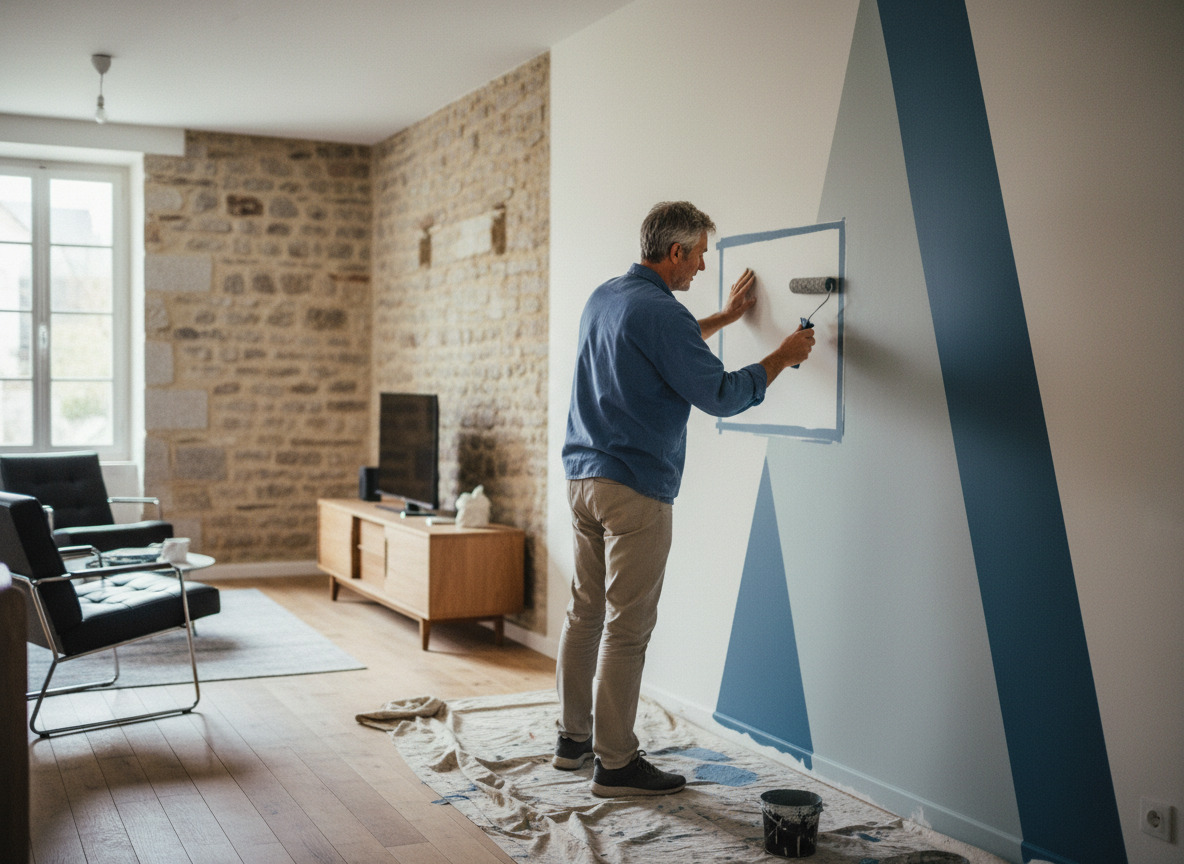 Homme appliquant une fresque murale dans une maison rennaise