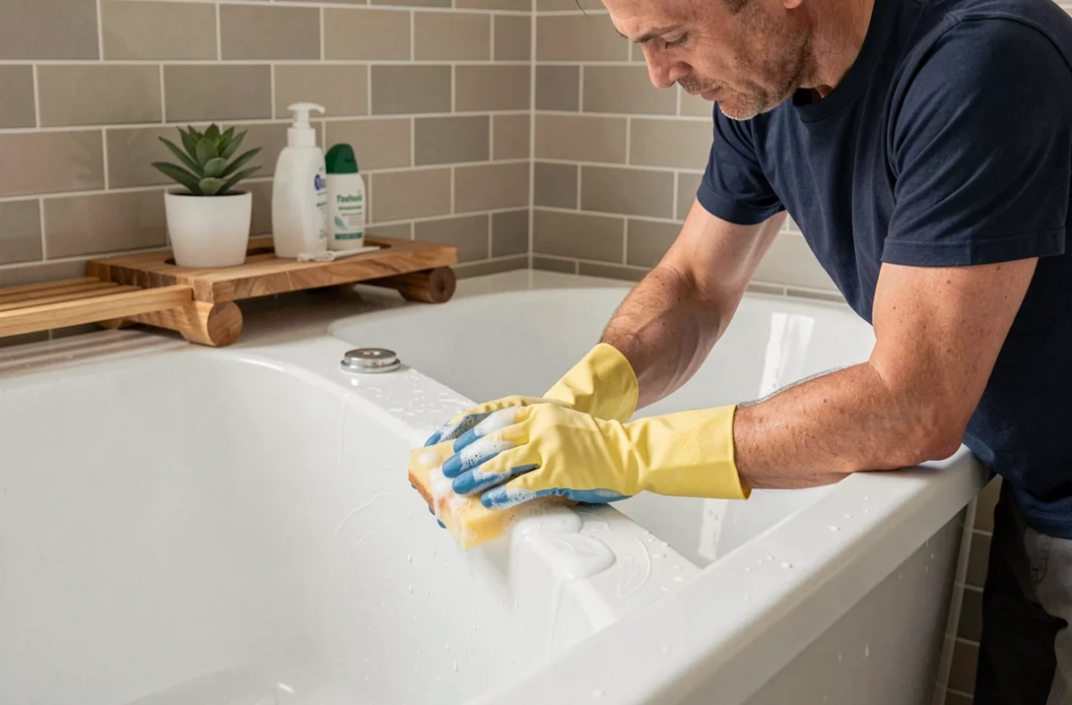 Homme nettoyant l'intérieur d'une baignoire semi îlot 170 avec une éponge et un produit d'entretien adapté