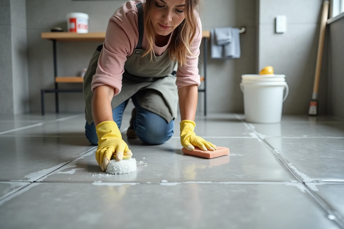 Femme nettoyant l'excès de joint époxy sur grand carrelage en porcelaine avec une éponge humide