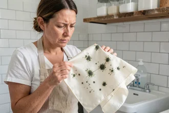 Femme inspectant un tissu délicat en soie avec des taches de moisissure verte dans une buanderie maison