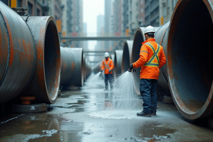 Travailleurs en sécurité nettoyant des tuyaux urbains