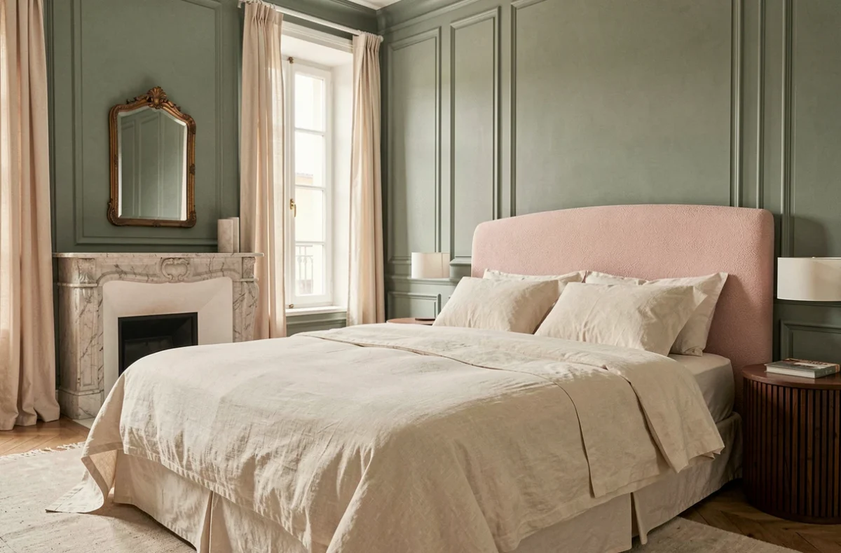 Chambre principale élégante avec tête de lit en bouclé rose, panneaux sauge et cheminée en marbre, projet Notes de Styles architecte d'intérieur Toulouse