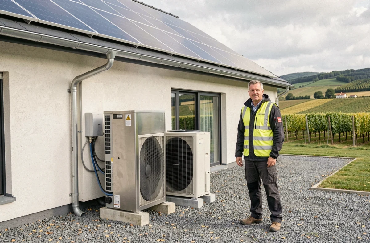 Technicien OM Energies posant devant une pompe à chaleur et panneaux solaires d'une maison écologique alsacienne