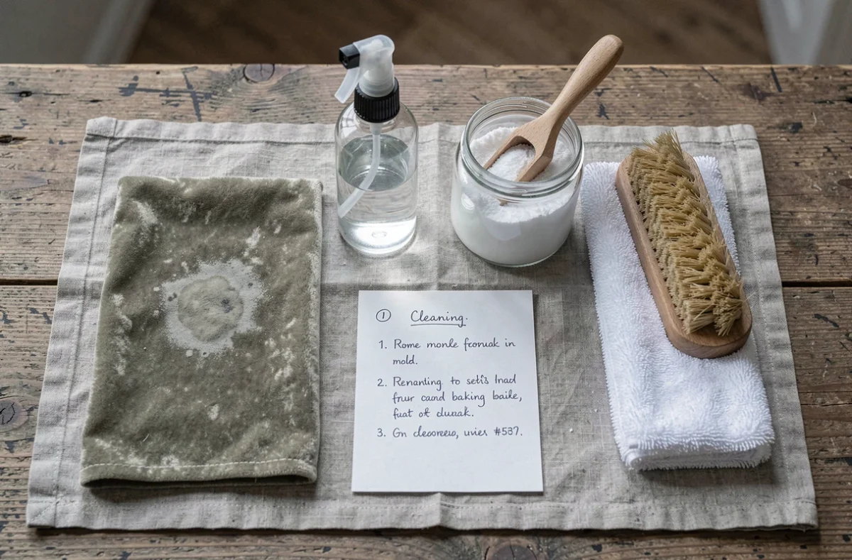 Vue du dessus des outils et ingrédients naturels pour nettoyer la moisissure sur un tissu fragile en velours