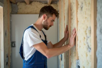 Jeune ouvrier pose des plaques de placo dans une salle de bain