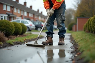 Ouvrier en travaux guidant une dalle de béton fraîche