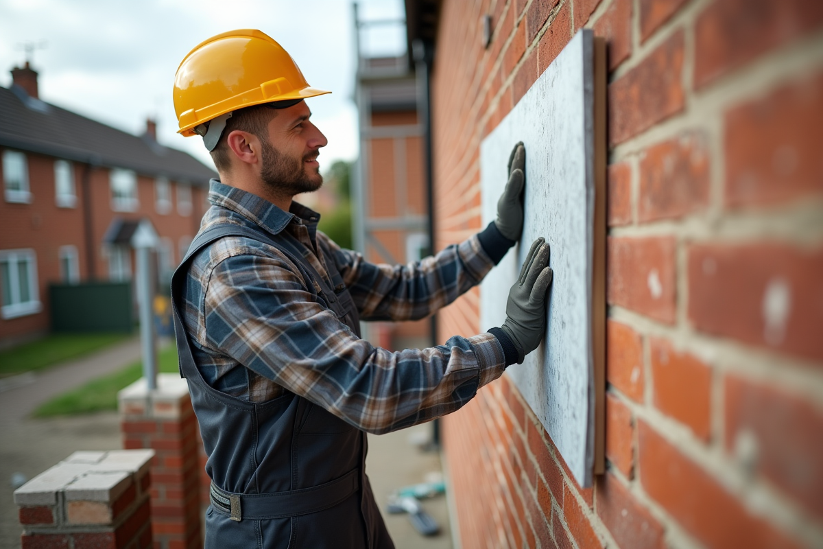 Ouvrier pose une panneau d isolation sur un mur en briques