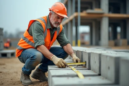 Ouvrier mesurant un parpaing standard sur un chantier de construction extérieur