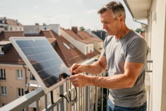 Homme branchant un panneau solaire plug and play sur une prise de courant de balcon en milieu urbain
