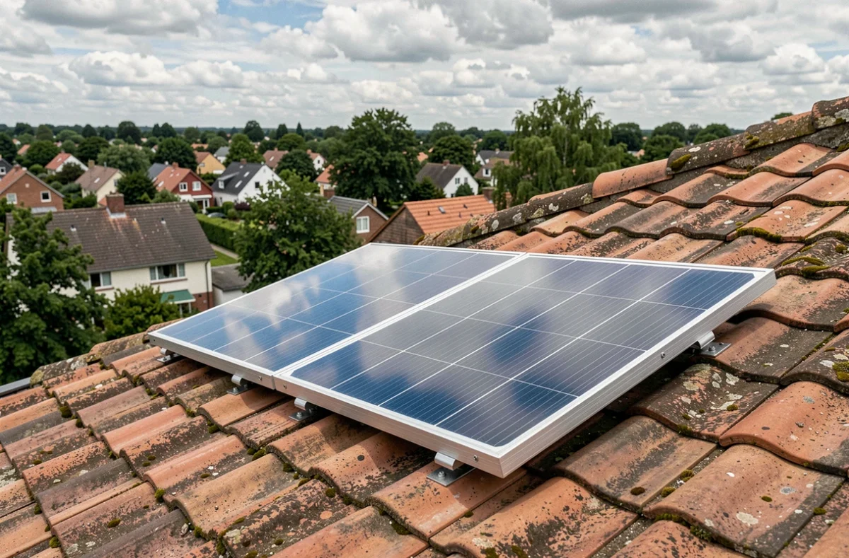 Panneau solaire plug and play installé sur un toit de maison individuelle avec tuiles en terre cuite dans un quartier résidentiel