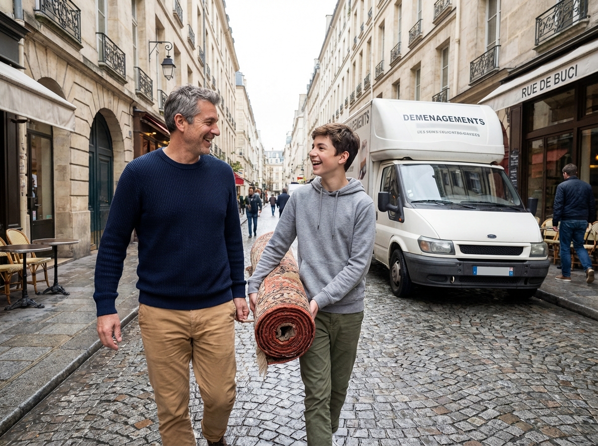 Père et fils portant un tapis dans une rue parisienne