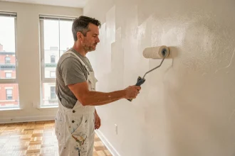 Artisan peintre professionnel appliquant de la peinture blanche sur un mur intérieur avec un rouleau dans un appartement urbain