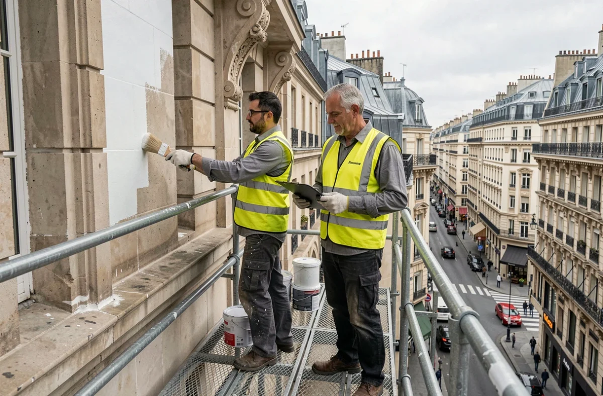 Deux peintres en bâtiment sur un échafaudage appliquant de la peinture sur la façade d'un immeuble haussmannien à Paris