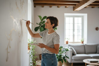 Femme peignant un motif decoratif dans un appartement rennais