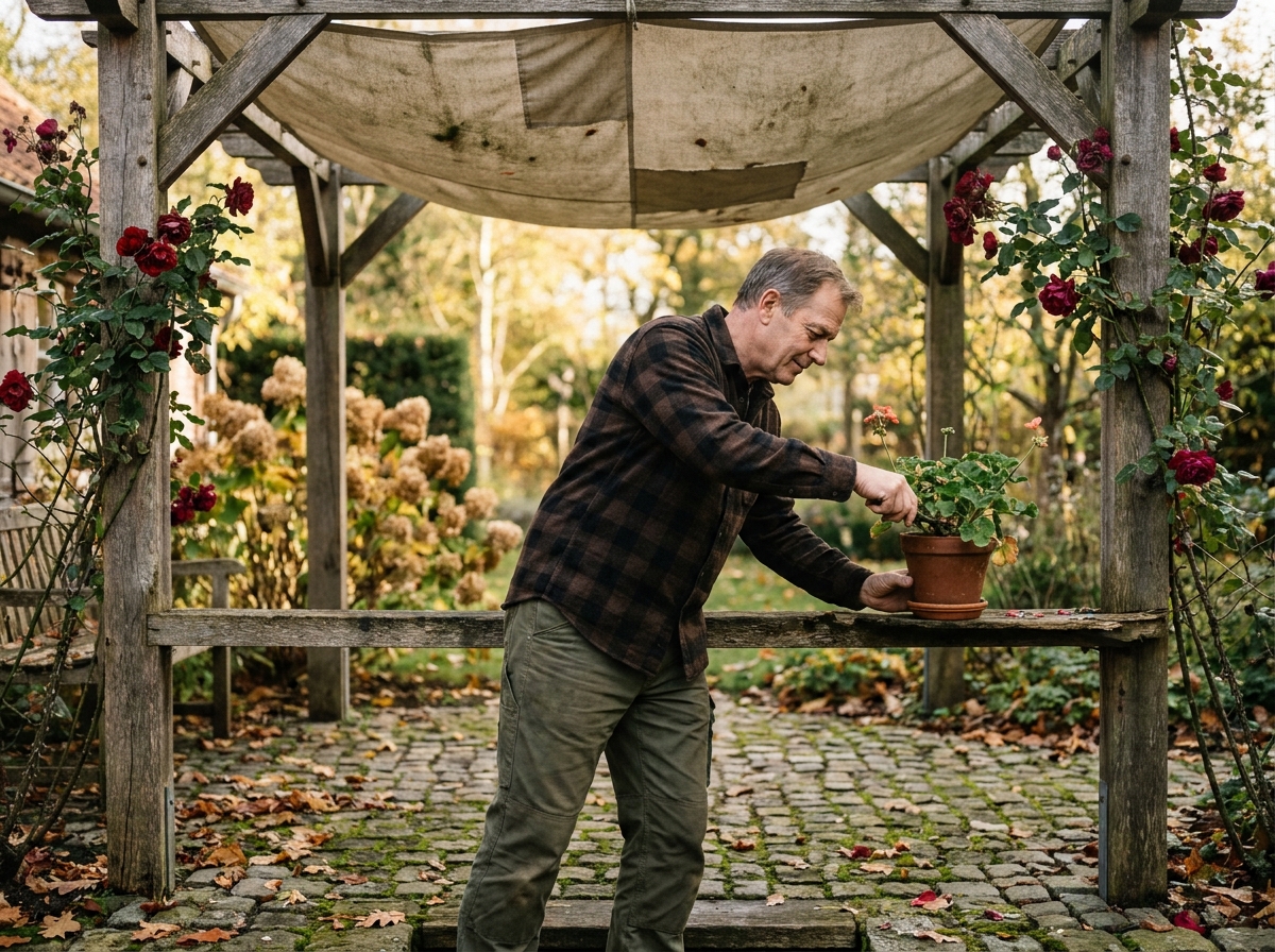 Homme entretenant des plantes sous une pergola en bois avec voile en automne