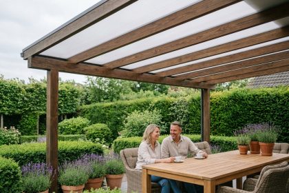 Couple profitant d'une pergola en bois avec toit rétractable dans un jardin verdoyant
