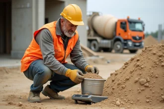 Ouvrier sur chantier pesant du sable de construction sur une balance numérique pour convertir les kilogrammes en mètres cubes