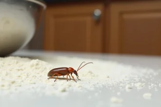 Petite bête marron insecte du type charançon ou tribolium roux sur un plan de travail de cuisine recouvert de farine blanche